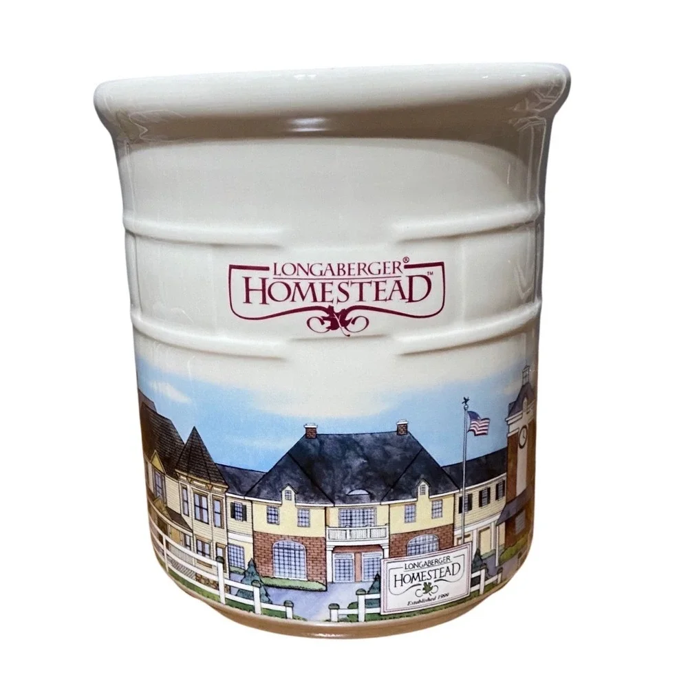 Longaberger Homestead Pottery Crock Utensil Holder Ivory Basketweave Made in USA